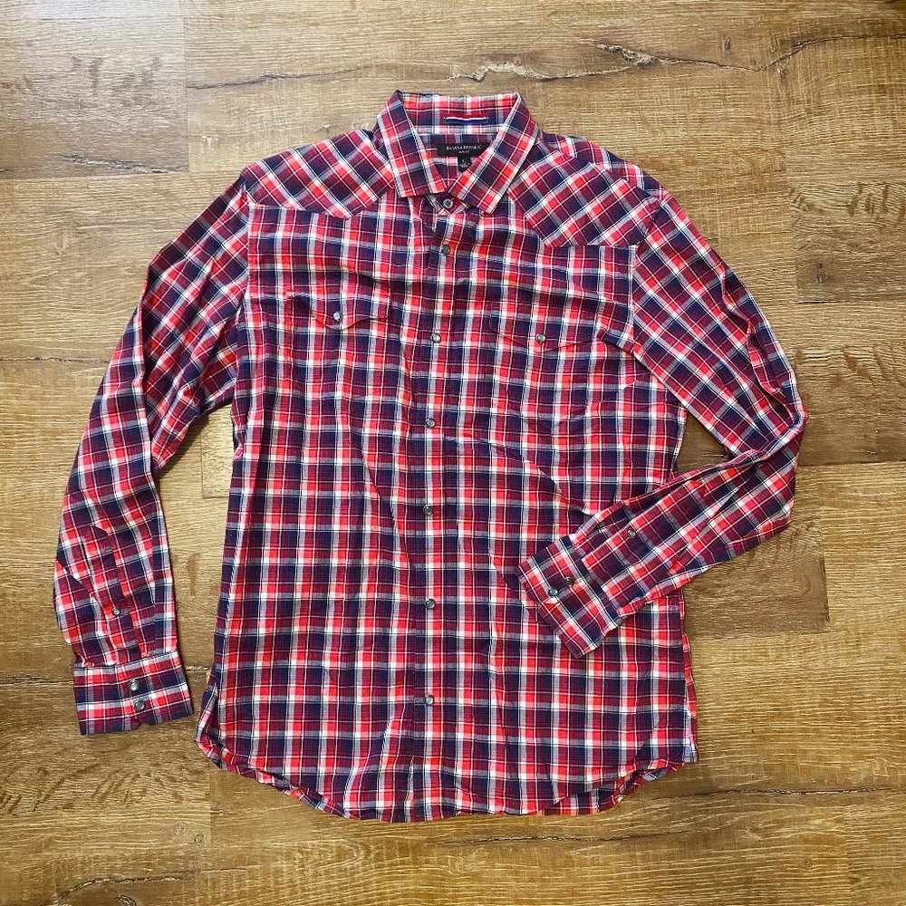 Banana Republic Western Shirt Men’s Size Large Slim Fit Red Plaid Pearl Snaps